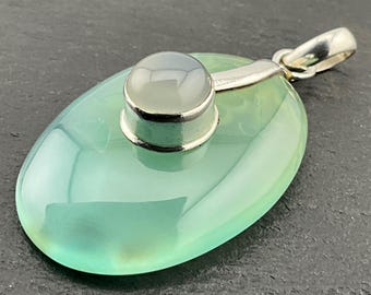 Vintage Heavy Aqua Chrysoprase Sterling Silver Oval Pendant