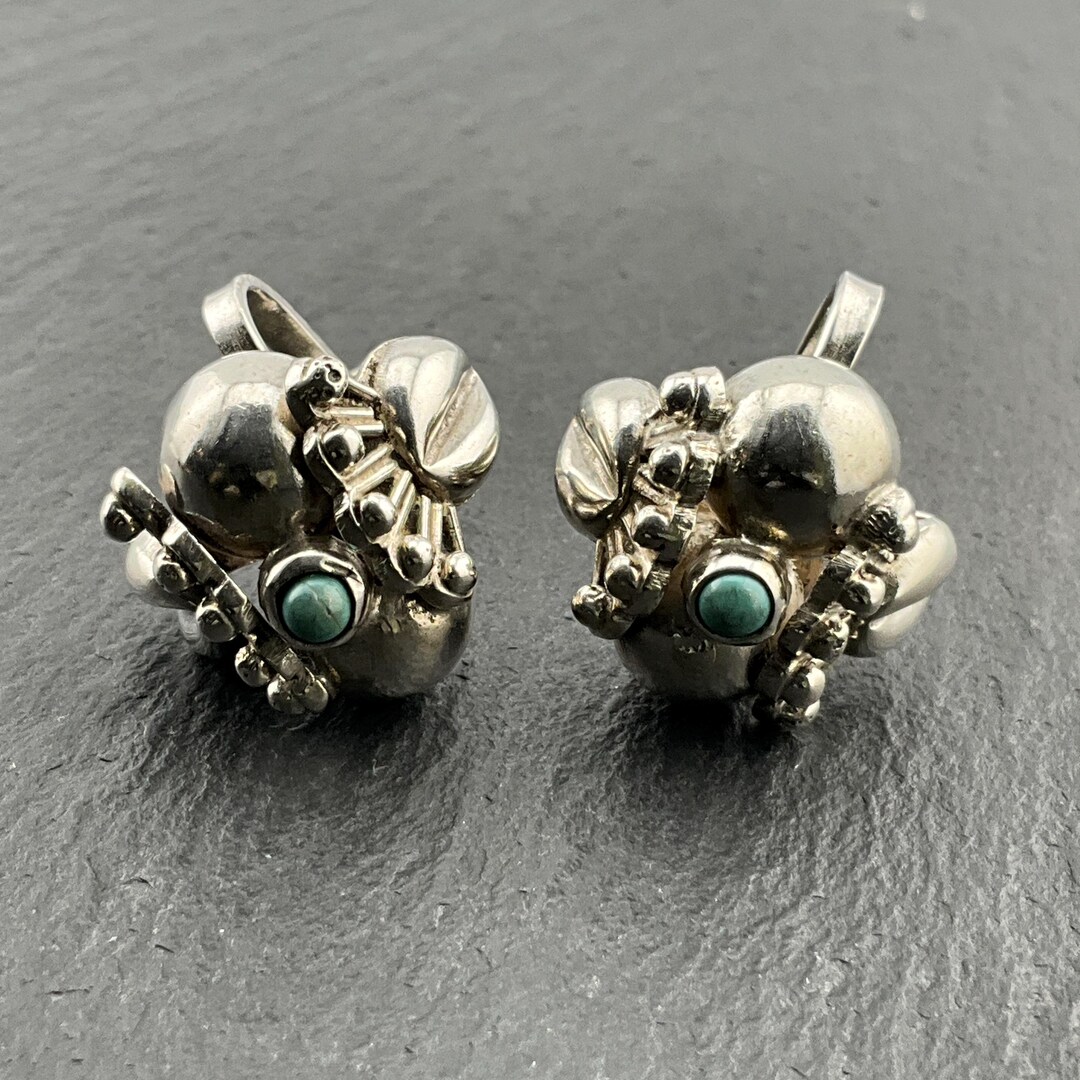 Boucles D'Oreille Clip En Métal Argenté Vieilli - Strass Turquoise Et Blanc - Ronde