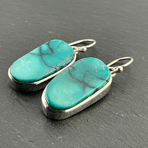 Vintage Turquoise Sterling Silver Oval Dangle Earrings