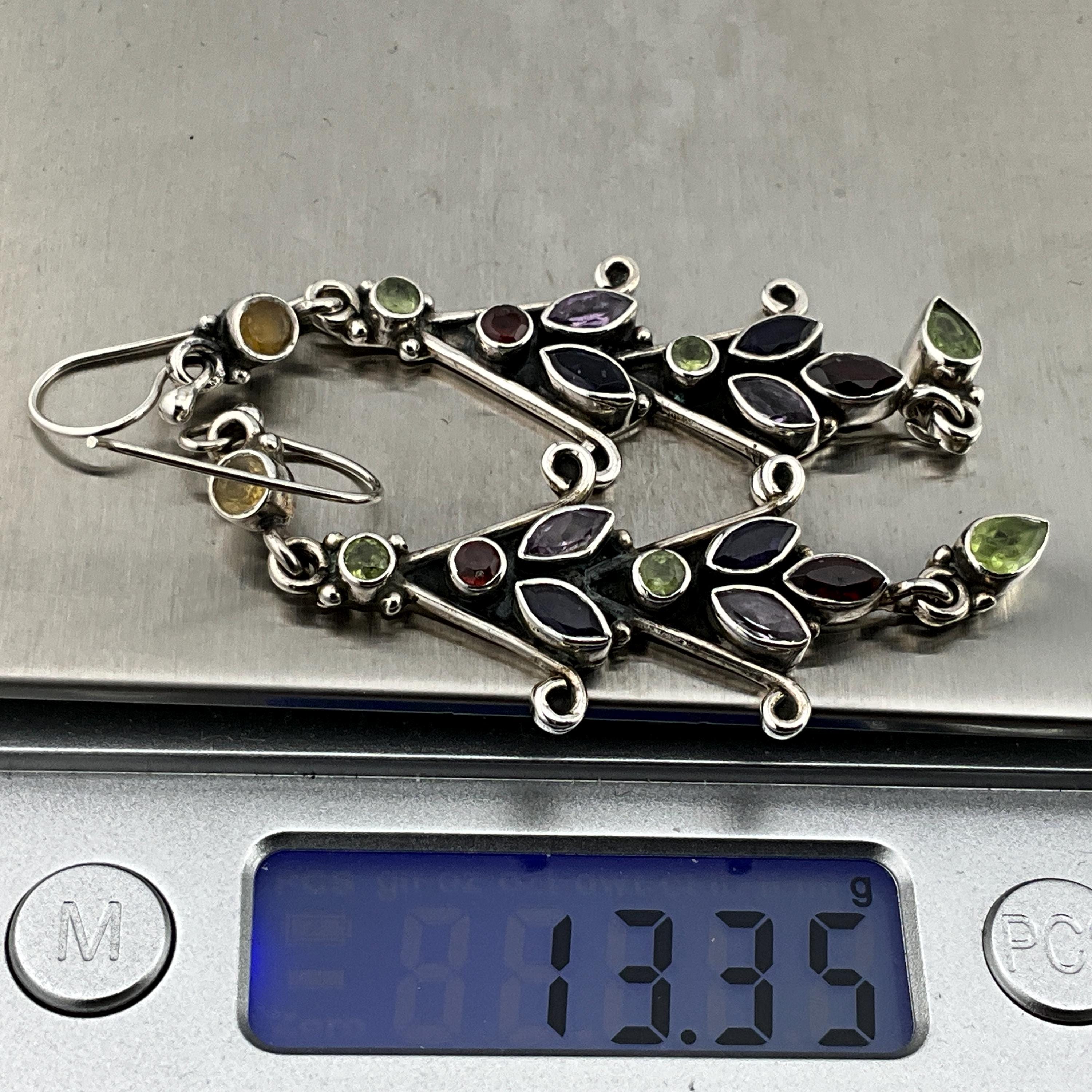 Orecchini Pendenti In Argento 925 Con Pietre Colorate – Ametista, Granato, Peridoto, Citrino E Iolite – Gioiello Femminile Fatto A Mano, In Scatola Regalo