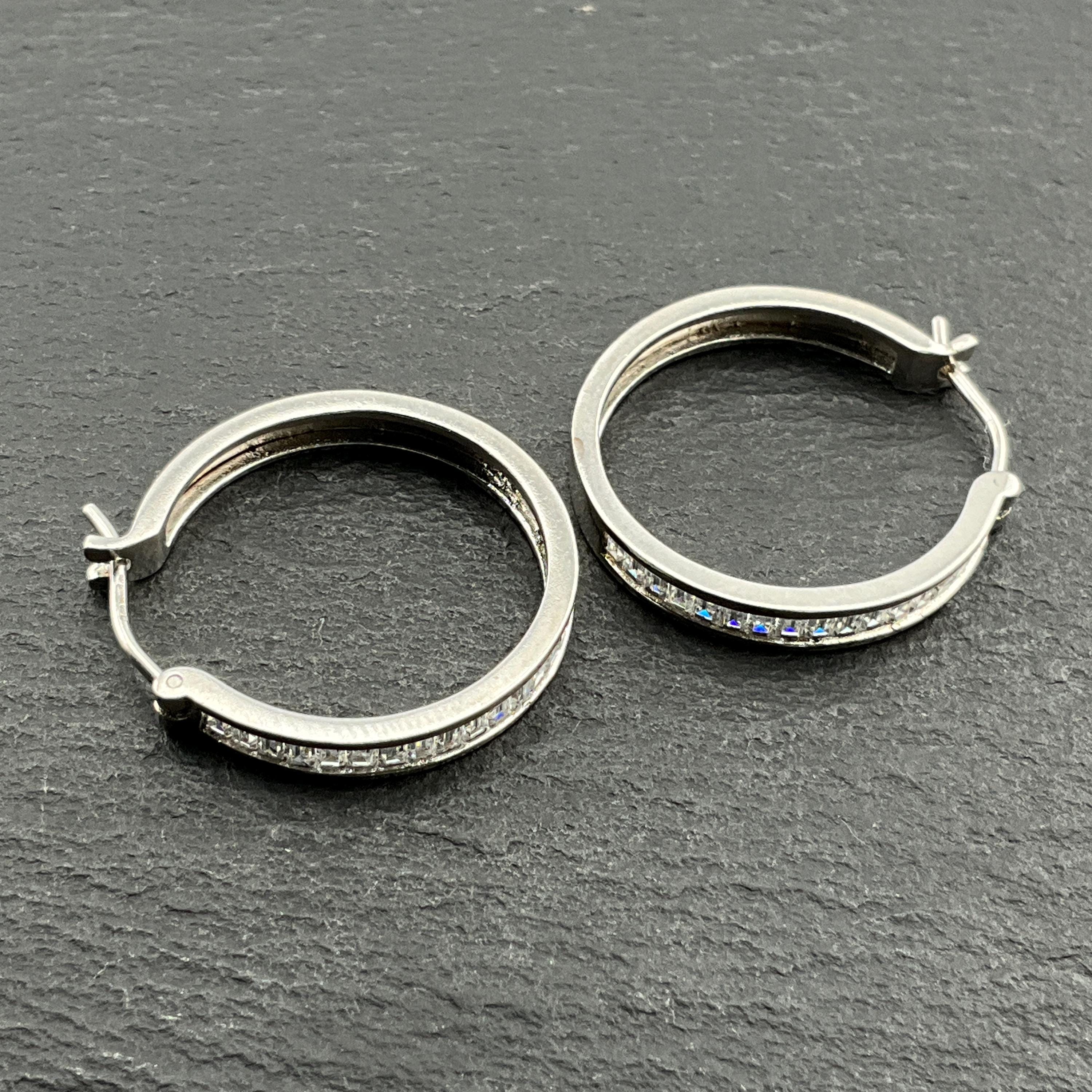 Vintage Sterling Silver Lever Hoop Cubic Zirconia Earrings