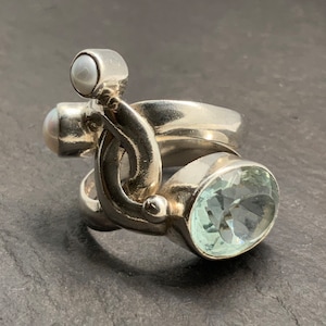 Vintage Pearl & Cubic Zirconia Sterling Silver Chunky Abstract Statement Ring, UK Size O, US Size 7, EU Size 54