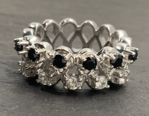 Vintage Moissanite & Onyx Sterling Silver Infinity Half Eternity Ring, UK Size L, US Size 5 1/2, EU Size 50 3/4