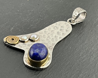 Vintage sterlingzilveren abstracte hanger met lapis lazuli en parel