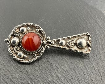 Vintage Agate Heavy Sterling Silver Fancy Statement Brooch