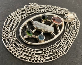 Vintage Sterling Silver Garnet Topaz Peridot Citrine Amethyst Pendant Necklace