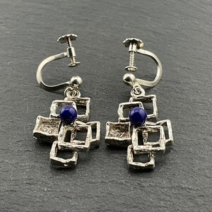 Vintage Blue Hardstone Sterling Silver Modernist Abstract Dangle Clip-On Earrings