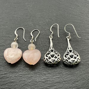 Vintage Rose Quartz Sterling Silver Fancy Dangle Earrings