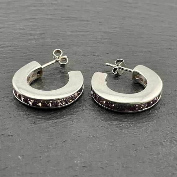 Vintage Purple Cubic Zirconia Sterling Silver Hoop Stud Earrings