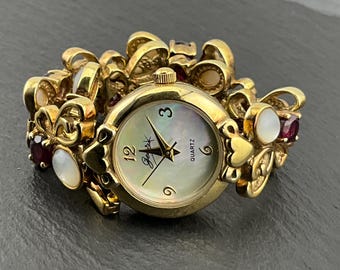 Vintage Solid Sterling Silver Garnet & Mother of Pearl Wrist Watch