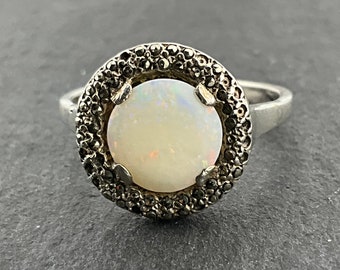 Vintage Opal & Marcasite Sterling Silver Statement Ring, UK Size N, US Size 6 1/2, EU Size 52 3/4