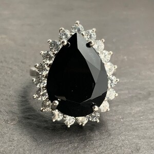 Vintage Onyx & White Spinel Sterling Silver Teardrop Statement Ring, UK Size O, US Size 7, EU Size 54