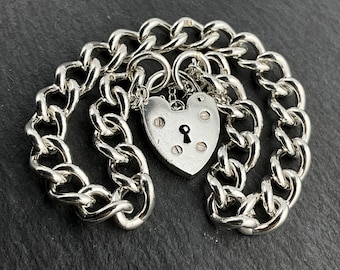 Vintage Sterling Silver Heart Padlock Charm Bracelet