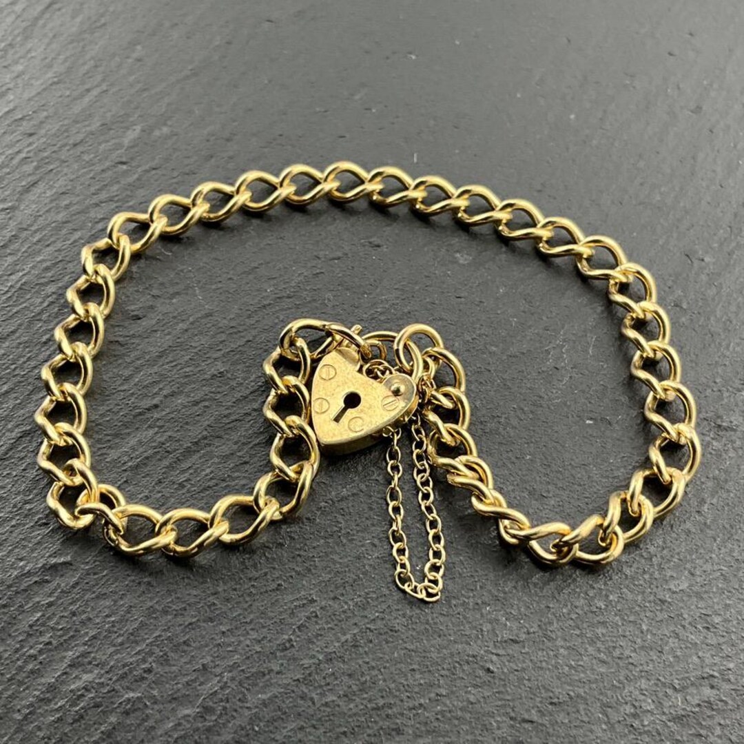 Vintage 9ct Gold Curb Link With Rivet Heart Padlock Chain Bracelet ...