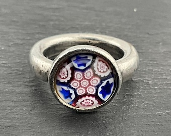 Vintage Cloisonné Art Glass Sterling Silver Solitaire Ring, UK Size L, US Size 5 1/2, EU Size 50 3/4