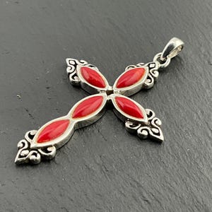 Vintage Coral Sterling Silver Cross Pendant Necklace