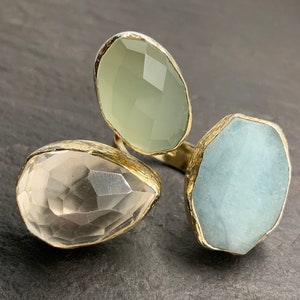 Vintage 18ct Gold Gilded Natural Hard Stone Sterling Silver Chunky Multi Stone Statement Ring, UK Size J, US Size 4 3/4, EU Size 48 1/4