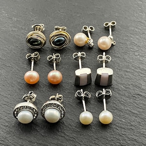 Vintage Pearl & Mother Of Pearl Sterling Silver Stud Earrings