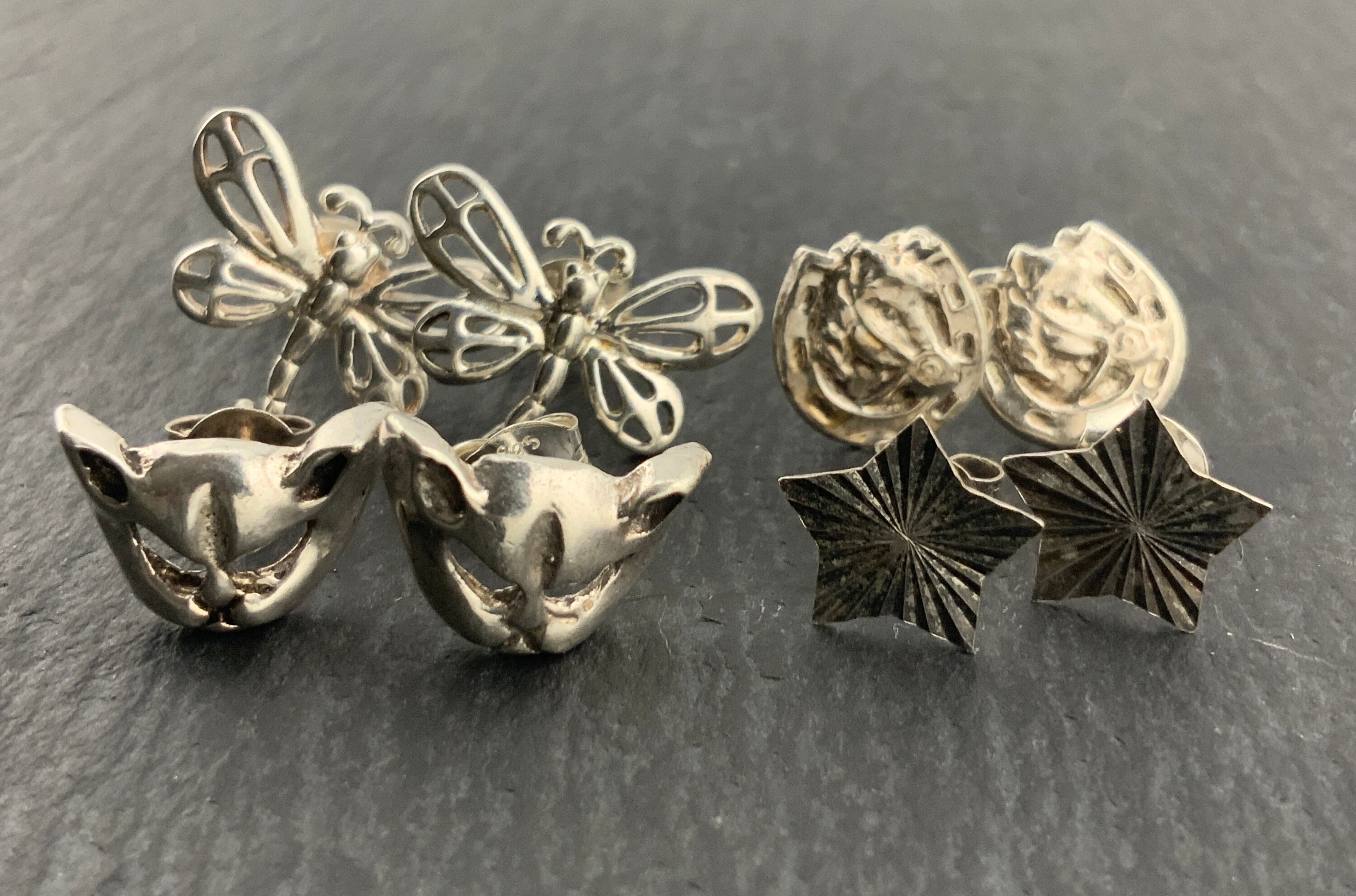 Vintage 4 Pairs Sterling Silver Horse, Cat, Dragonfly & Star Stud 
