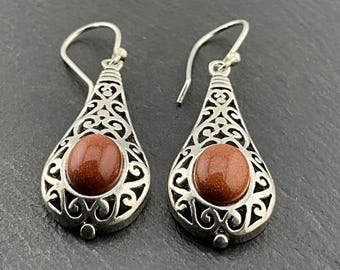 Vintage Goldstone Sterling Silver Fancy Teardrop Dangle Earrings