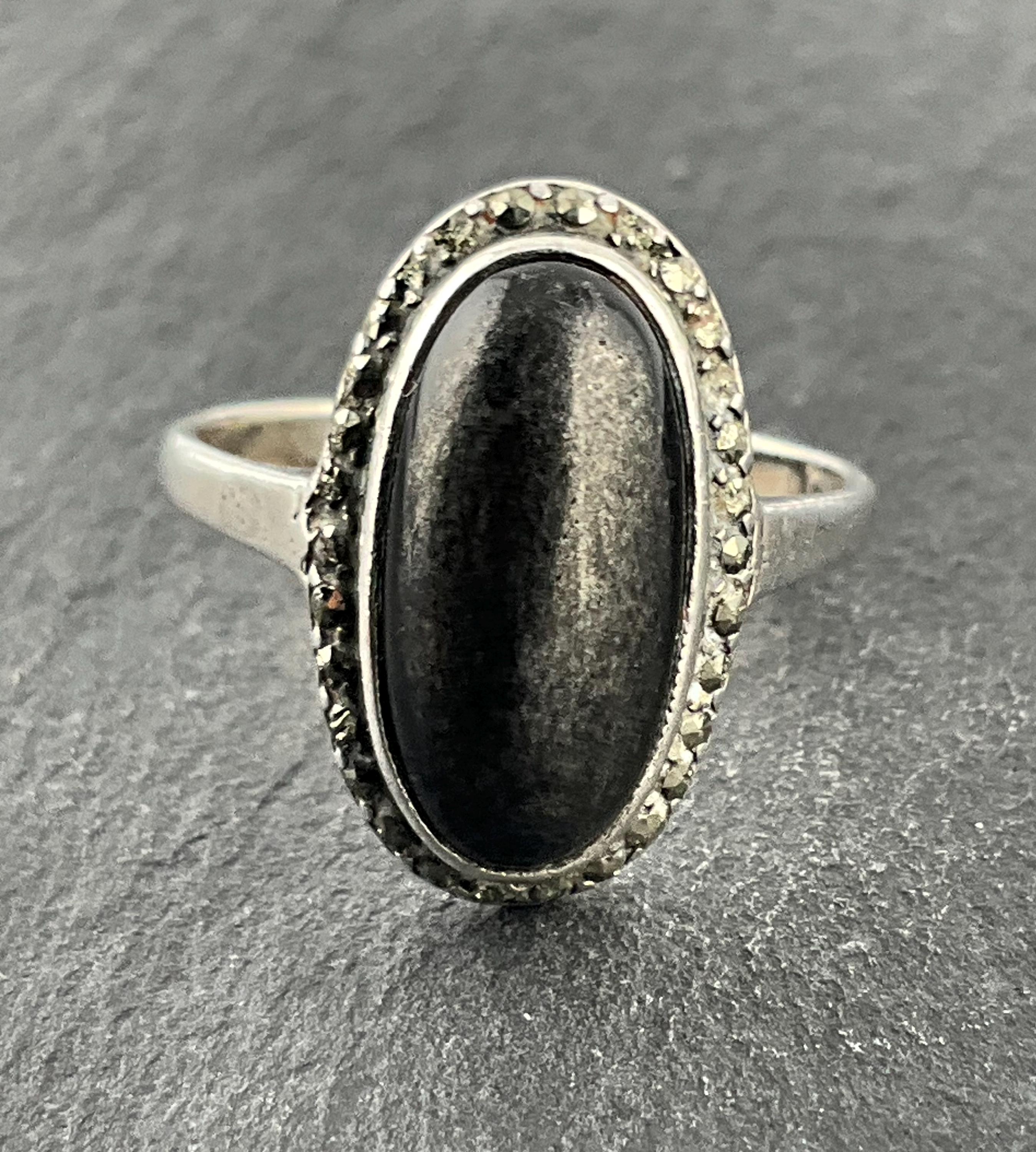 Bague En Argent Massif Avec Onyx Et Marcassites - Taille 52, Occasion, Bijou Vintage