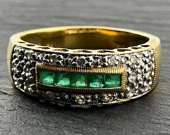 Vintage 18ct Gold Diamond & Emerald Ring, UK Size N, US Size 6 1/2, EU Size 52 3/4