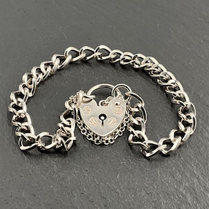 Vintage Sterling Silver Heart Padlock Charm Bracelet