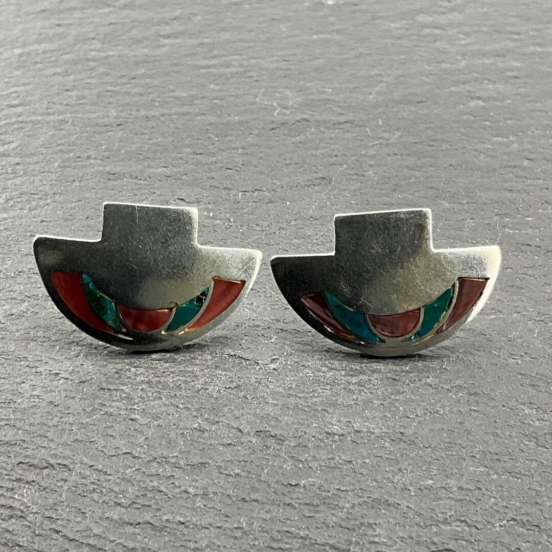 Vintage Mother of Pearl & Turquoise Inlay Sterling Silver Statement ...