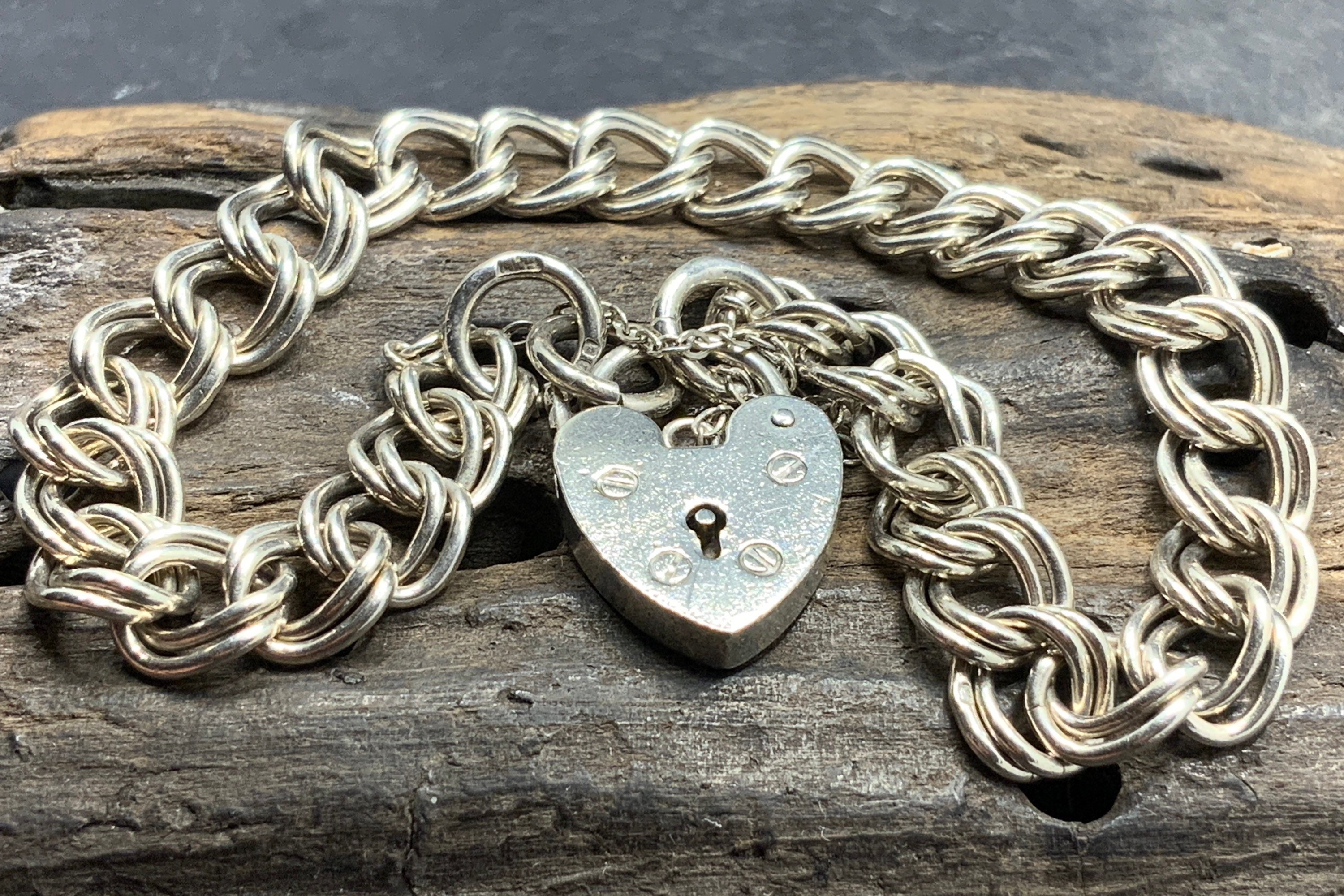 Vintage Sterling Silver Double Link Charm Bracelet Heart 