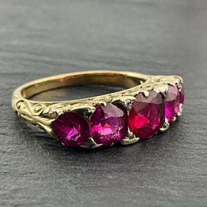 Vintage 18ct Gold Five Stone Ruby & Diamond Accent Graduated Ring, UK Size P1/2, US Size 7 3/4, EU Size 56