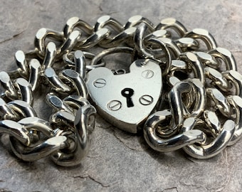 Vintage Sterling Silver Chunky Charm Bracelet Heart Padlock