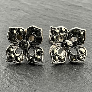 Vintage Marcasite Sterling Silver Flower Stud Earrings