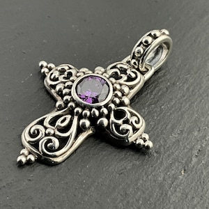 Vintage Purple Cubic Zirconia Sterling Silver Fancy Cross Pendant