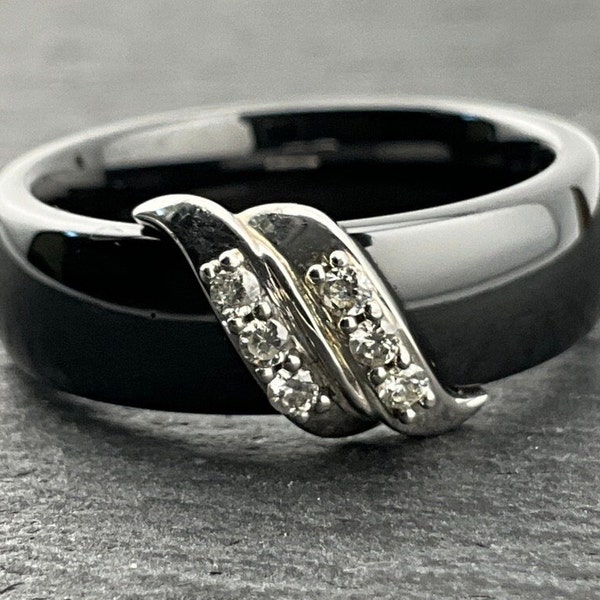 Bague vintage en argent sterling avec diamants et onyx, taille britannique N, taille US 6 1/2, taille UE 52 3/4