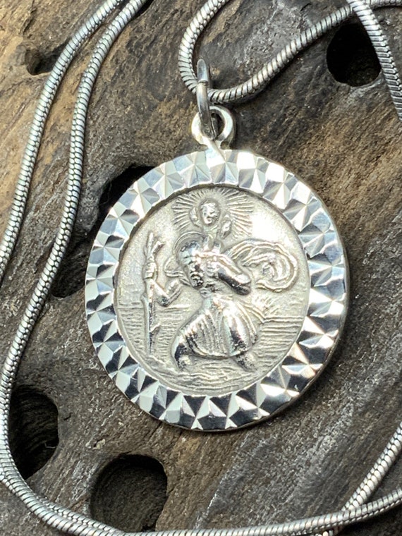 Vintage Solid Sterling Silver St Christopher Pendant Necklace