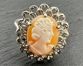 Vintage Cameo Filigree Sterling Silver Statement Ring, UK Size O, US Size 7, EU Size 54