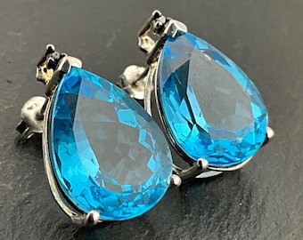 ヴィンテージ 9ct ホワイトゴールド トパーズ & ダイヤモンド スタッド 