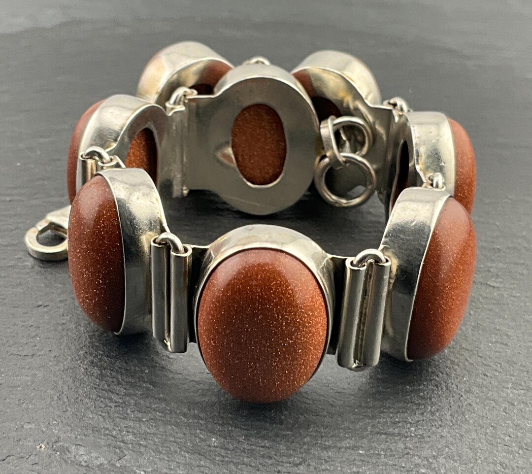 Bracelet Manchette Ancien - Pierre Du Soleil Sur Argent Massif 925 - État Très Bien - Sans Marque