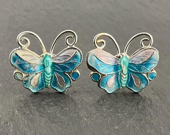 Vintage Enamel Sterling Silver Butterfly Stud Earrings
