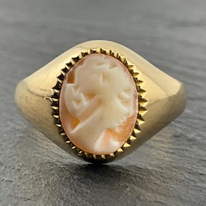 May include: A gold signet ring featuring an oval-shaped cameo centerpiece. The cameo displays a carved profile of a figure in cream-colored relief against a soft peach-toned background, surrounded by a decorative, serrated gold bezel setting.