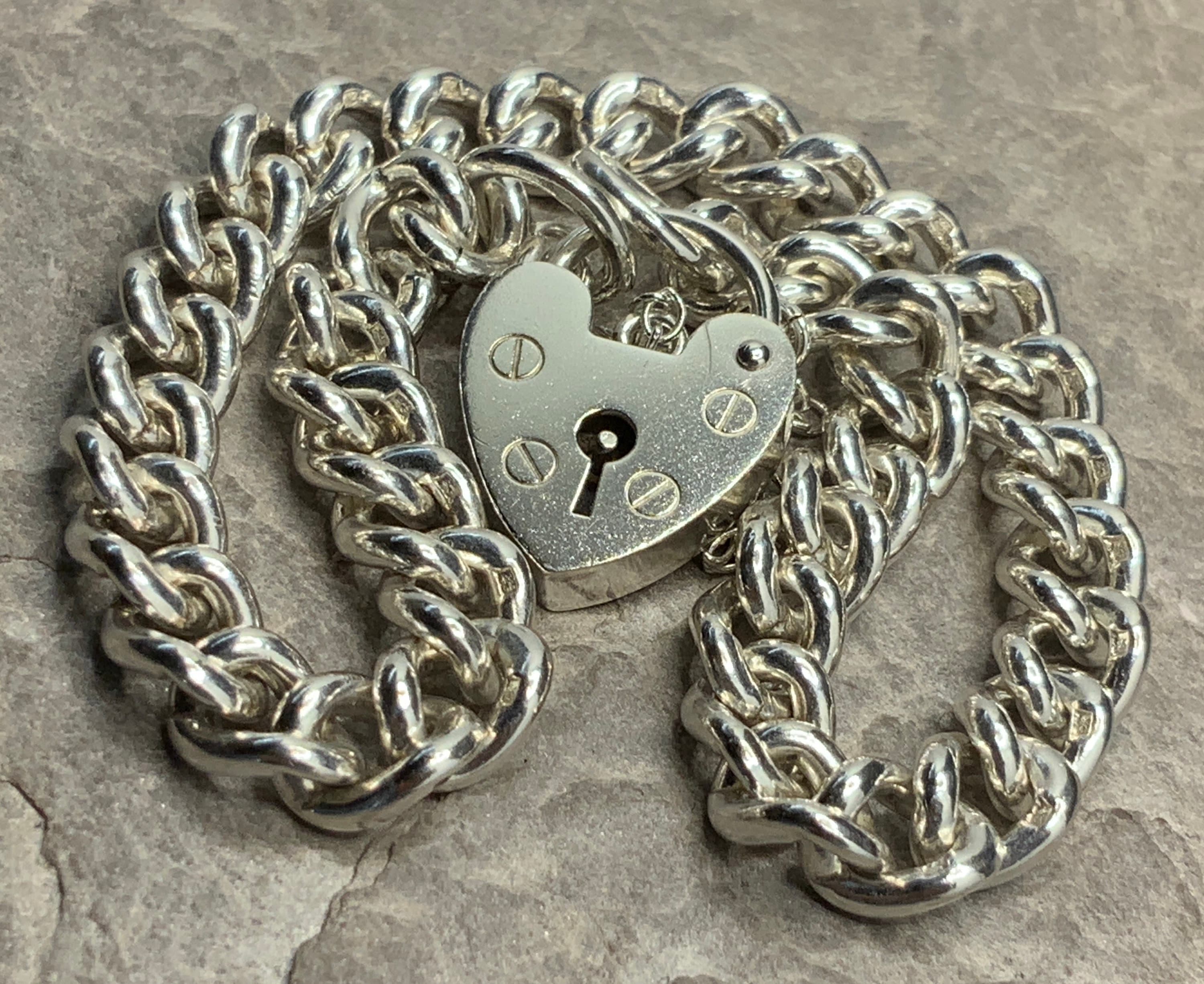 Vintage Sterling Silver Chunky Charm Bracelet Heart Padlock 