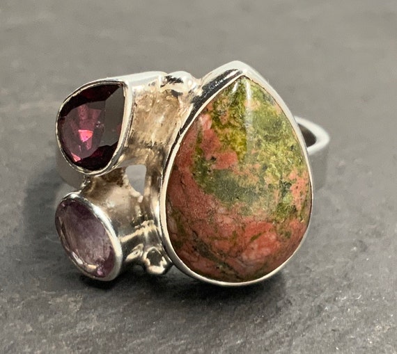 Vintage Unakite, Amethyst & Garnet Sterling Silve… - image 2