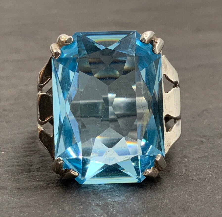 Vintage Blue Cubic Zirconia Sterling Silver Chunky Statement Ring