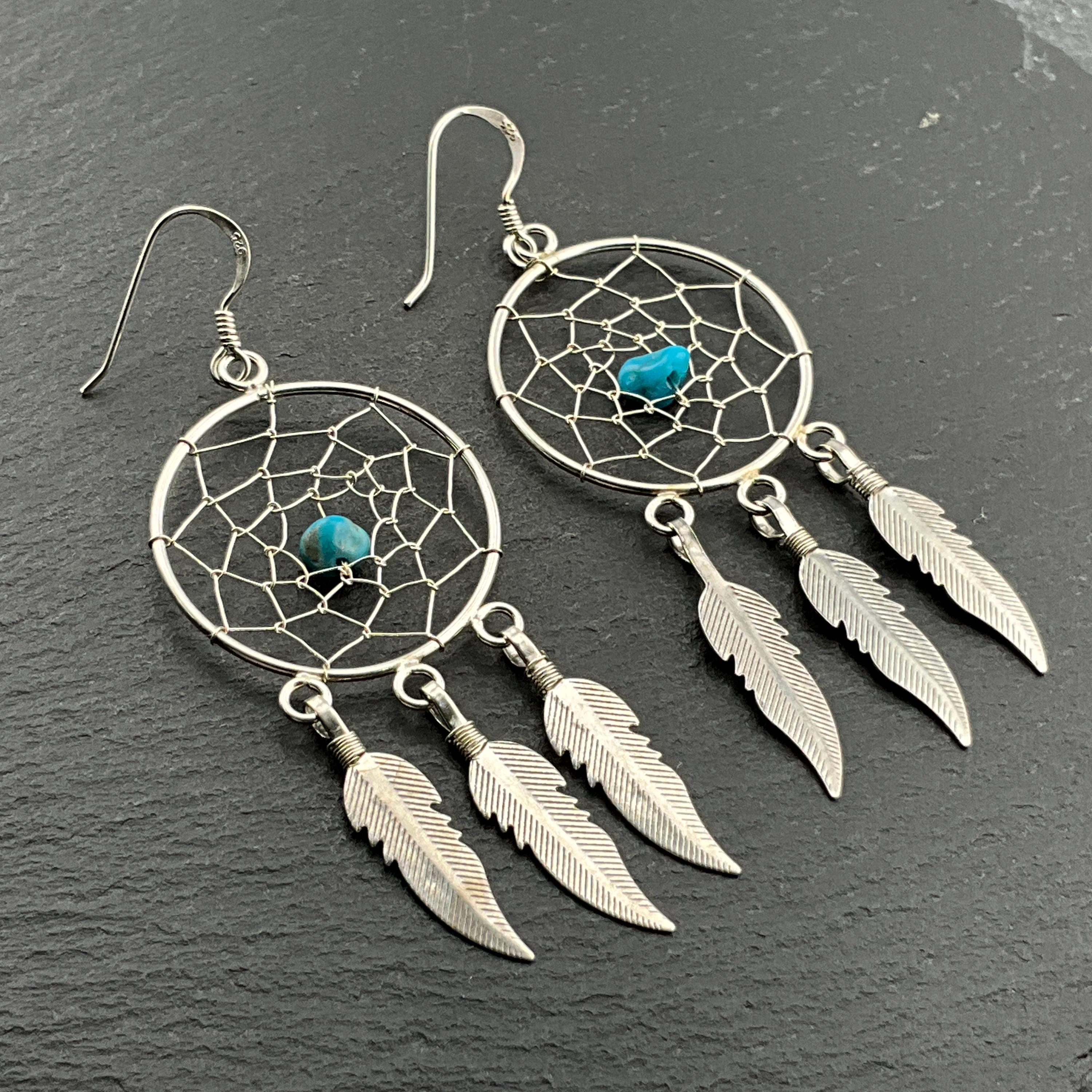 925 Sterling Silver Dream Catcher Turquoise Dangle Drop Earrings – Vintage Style, Turtleland