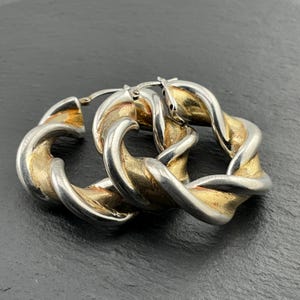 Vintage Sterling Silver Chunky Two-Tone Twisted Hoop Earrings