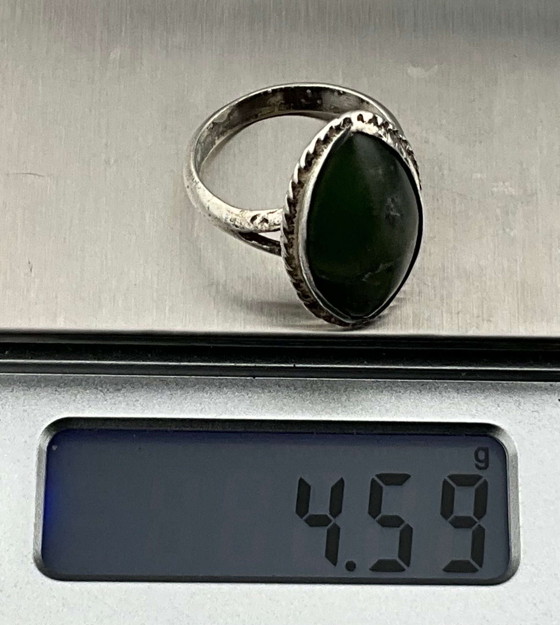 Antique Art Deco Carved Nephrite Jade Ring in Sterling