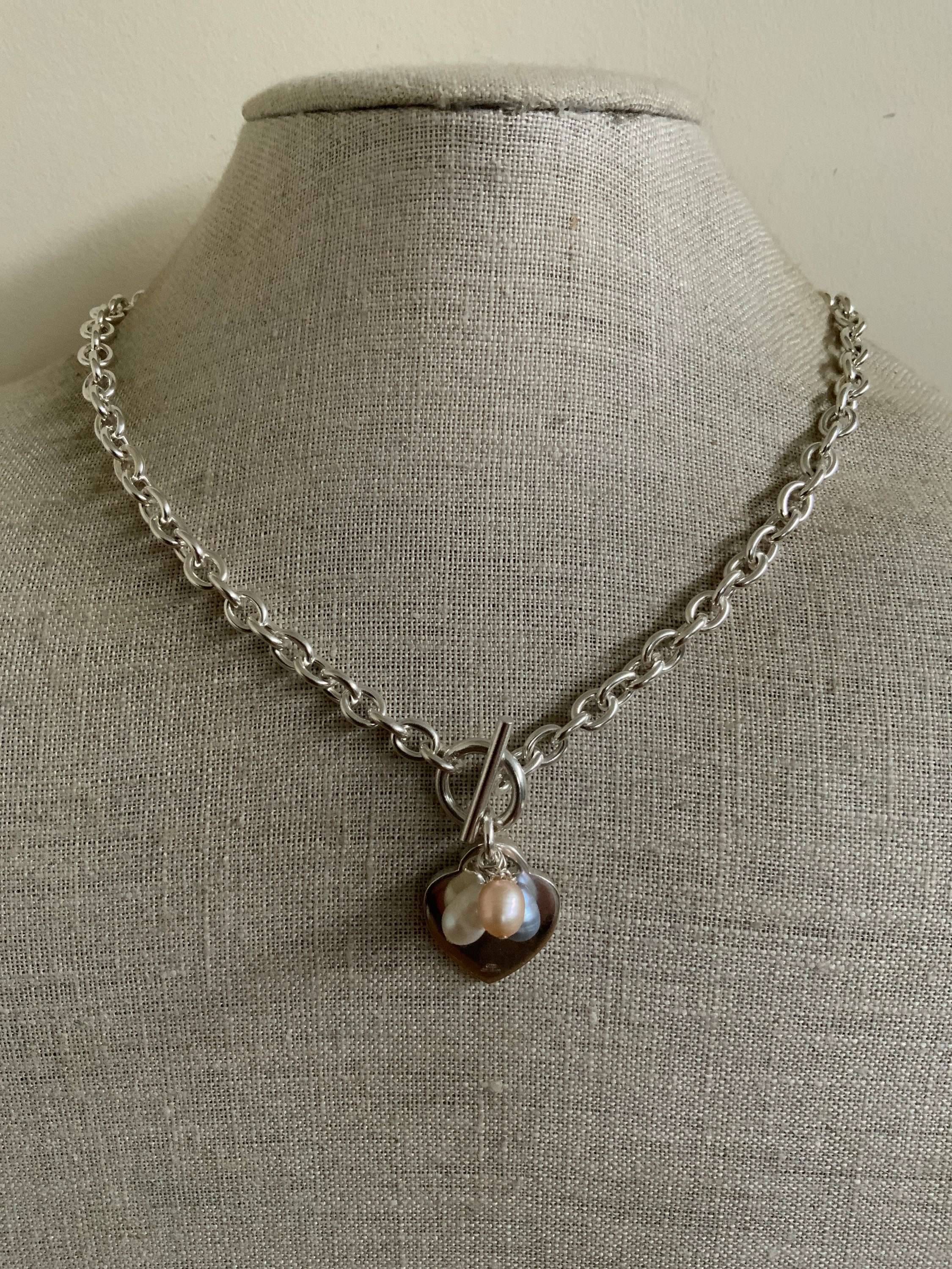 Vintage Heavy Sterling Silver Pearl Heart T-bar Ring