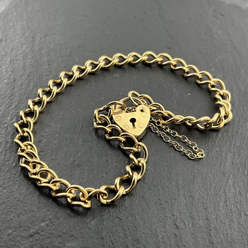 Vintage 9ct Gold Curb Link With Rivet Heart Padlock Chain Bracelet ...