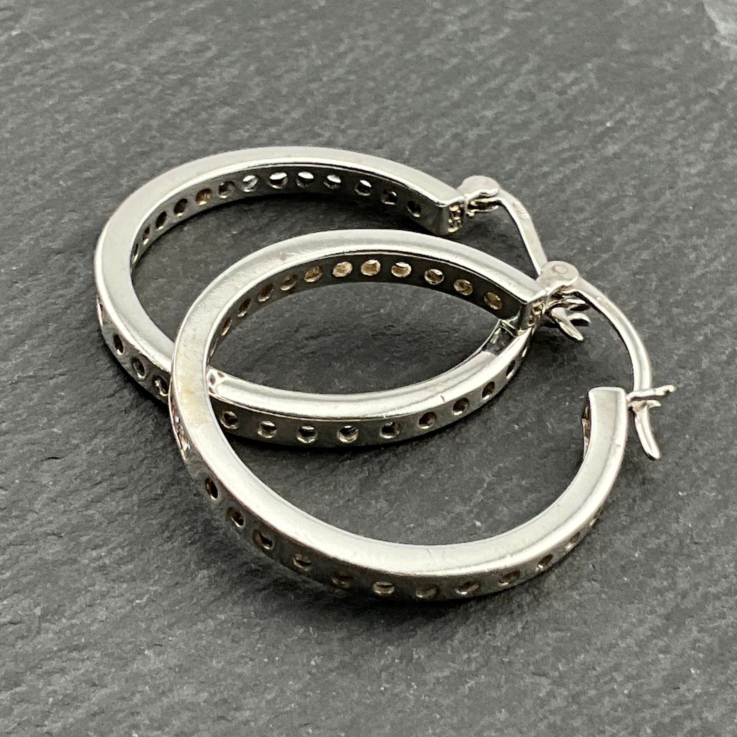 Vintage Sterling Silver Lever Hoop Cubic Zirconia Earrings