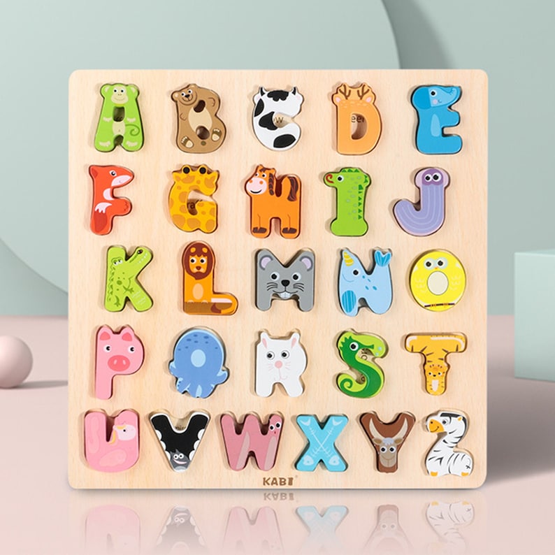 26 Alphabet Wooden Puzzles Early Education Cartoon Animals | Etsy